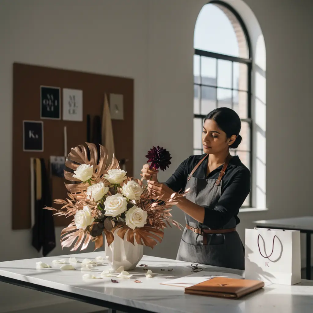 A professional floral designer at Konceptify crafting a bespoke luxury arrangement with cream roses, rose gold monstera leaves, and deep plum dahlias in a minimalist studio setting.