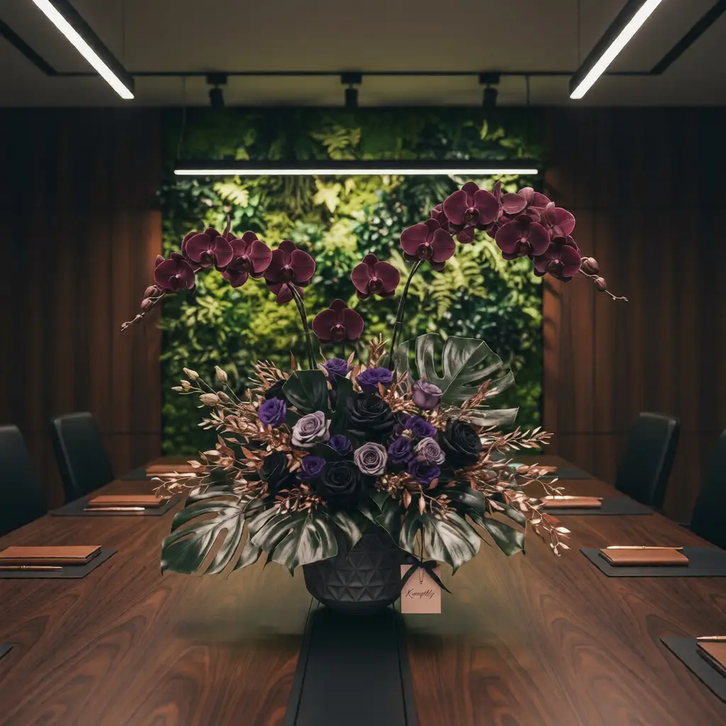 Architectural corporate floral arrangement for office reception featuring deep plum orchids, dark roses, and monstera leaves with rose gold metallic accents by Konceptify.