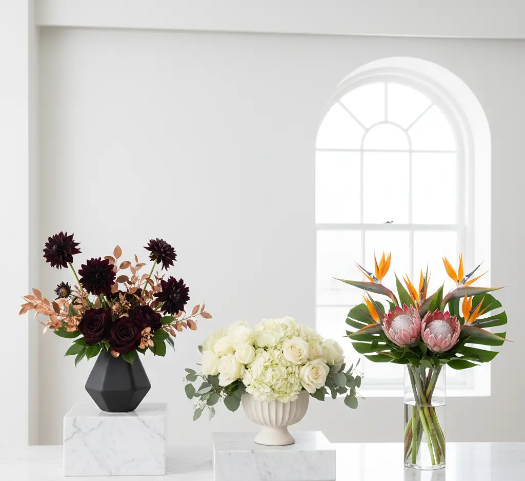 A curated display of Konceptify’s three signature floral styles: a moody midnight plum and rose gold arrangement, a classic white and cream boutique bouquet, and a vibrant tropical protea design on marble pedestals