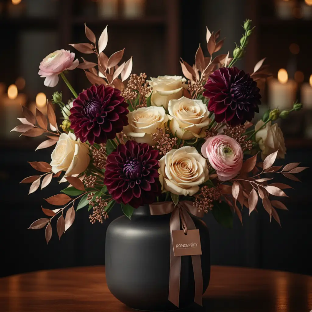 A signature Konceptify floral arrangement featuring deep plum dahlias, cream roses, and rose gold foliage in a matte black vase.